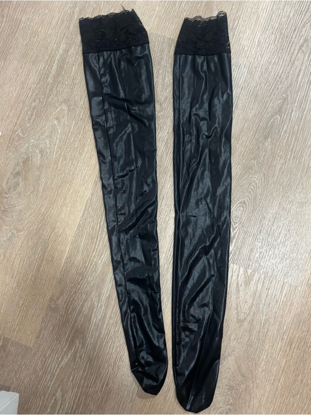 Black Lace-Top faux leather Thigh-High Stockings